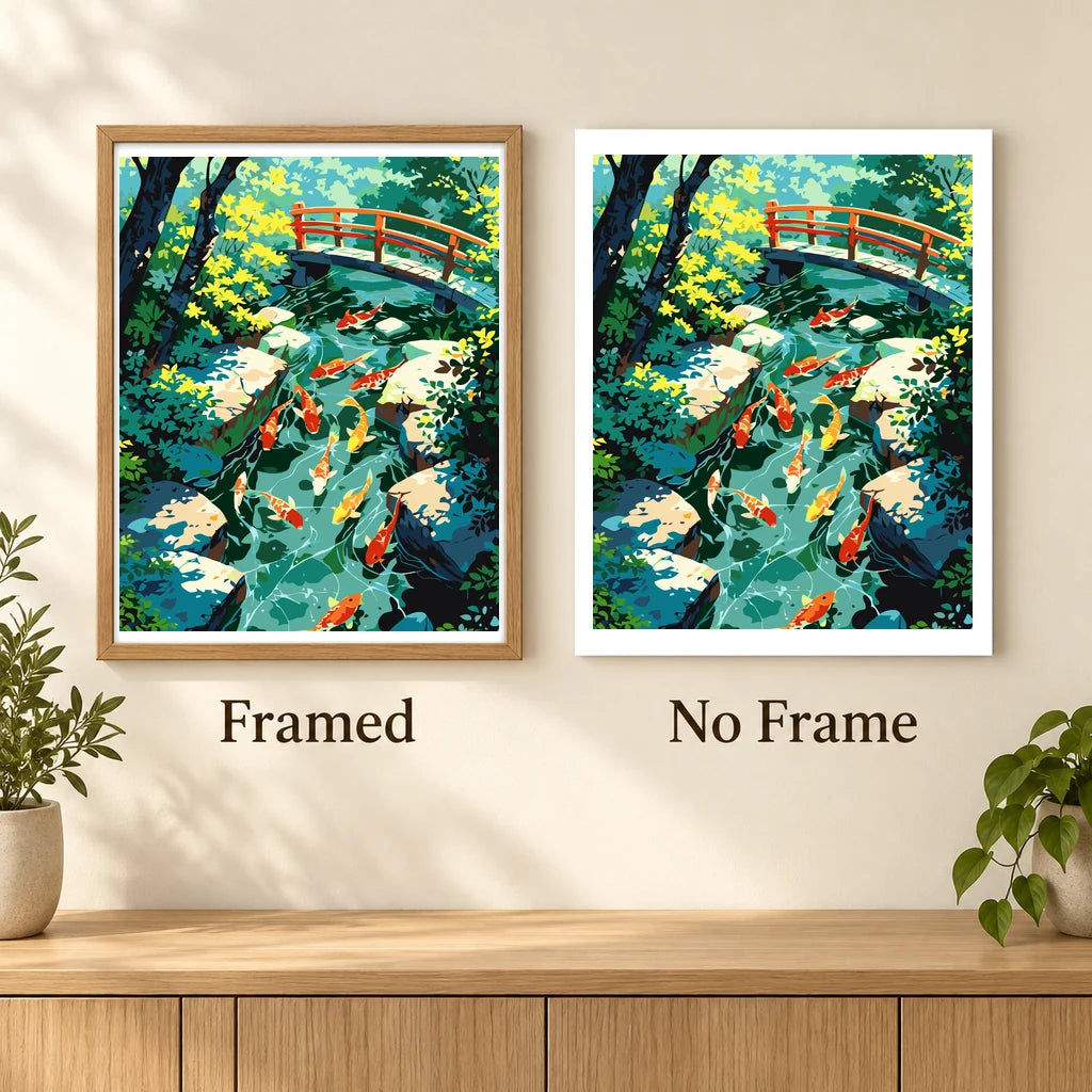 Framed and no-frame comparison for Serene Koi Crossing artwork.