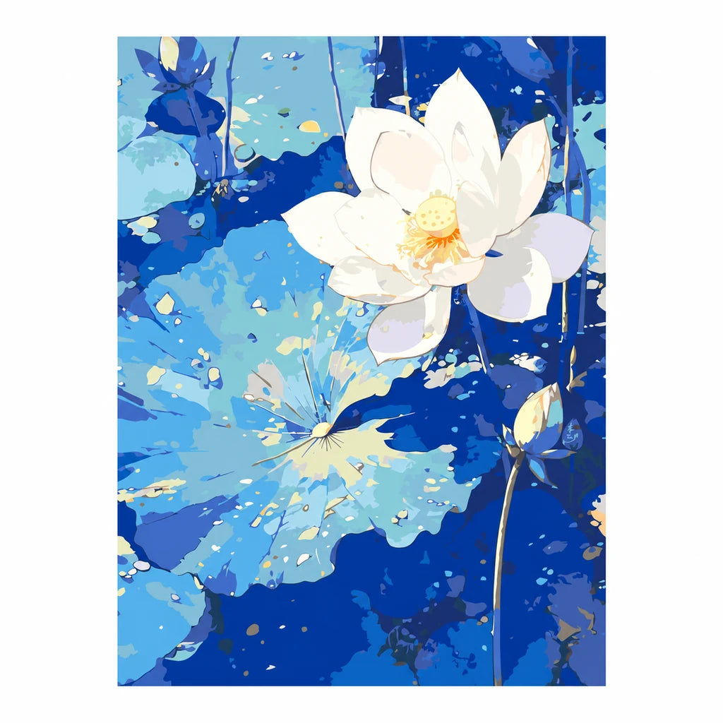 Original artwork for Serene Lotus Bloom Diamond Painting Kit, showing a white lotus blossom rising above deep blue pond water.