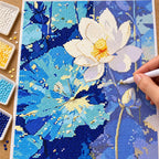 Diamond painting process for Serene Lotus Bloom, with drills being placed over a white lotus blossom rising above deep blue pond water.