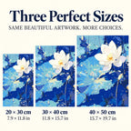 Size guide for Serene Lotus Bloom: 20 × 30 cm, 30 × 40 cm, and 40 × 50 cm.