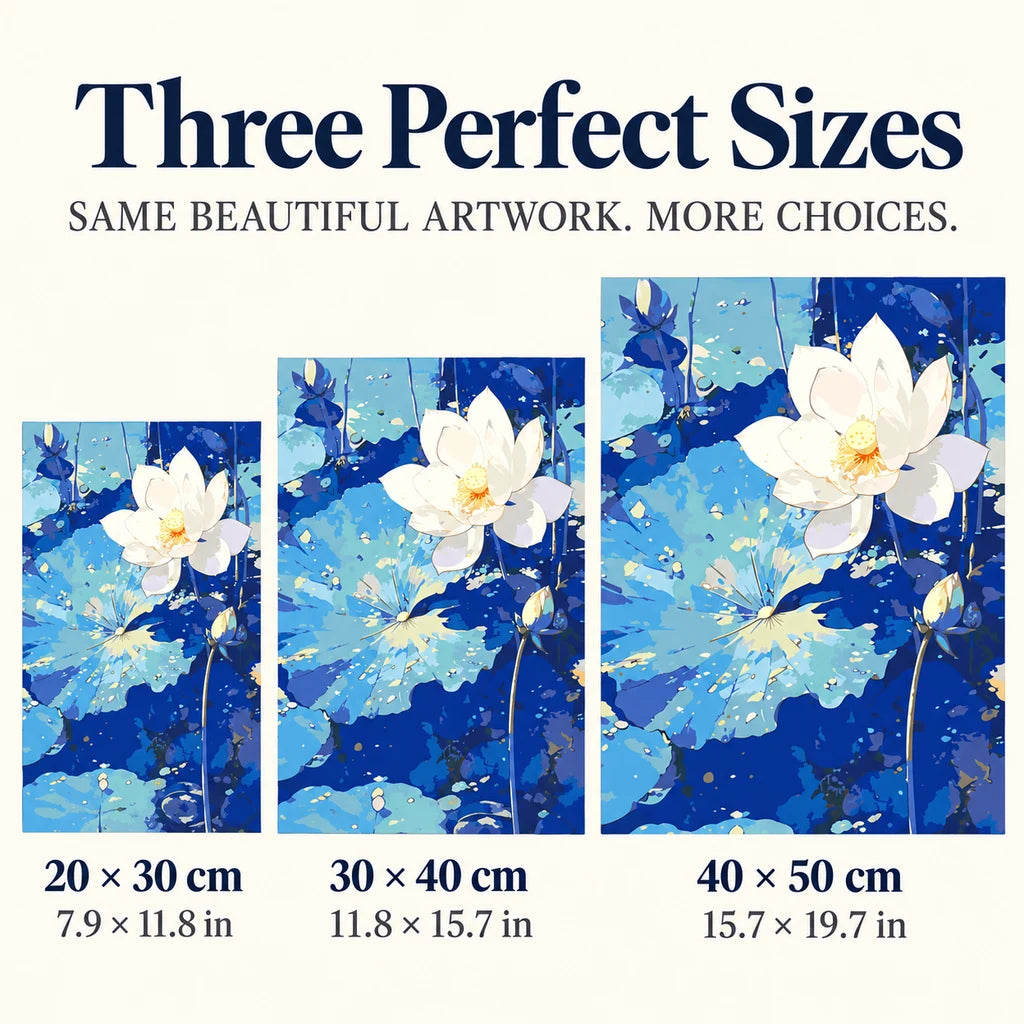Size guide for Serene Lotus Bloom: 20 × 30 cm, 30 × 40 cm, and 40 × 50 cm.