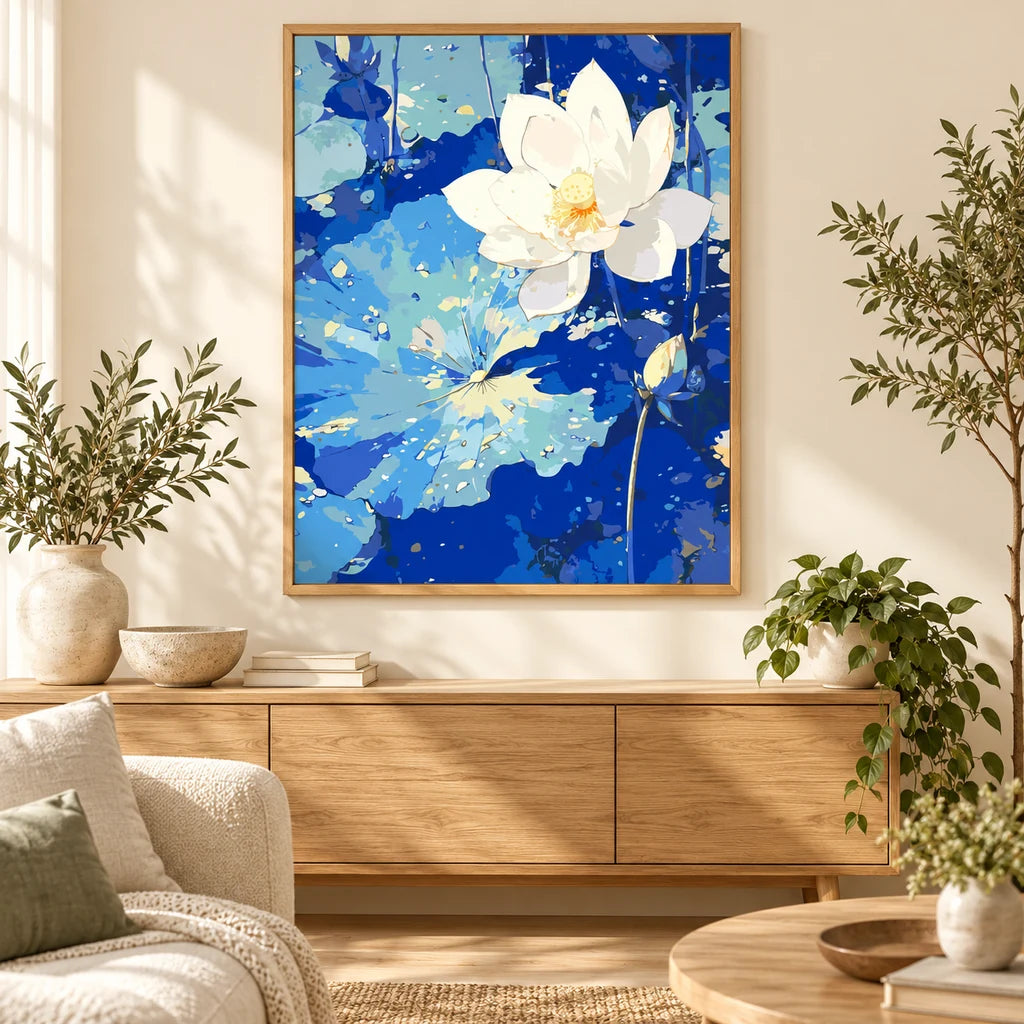 Home decor scene showing Serene Lotus Bloom artwork displayed on a wall.
