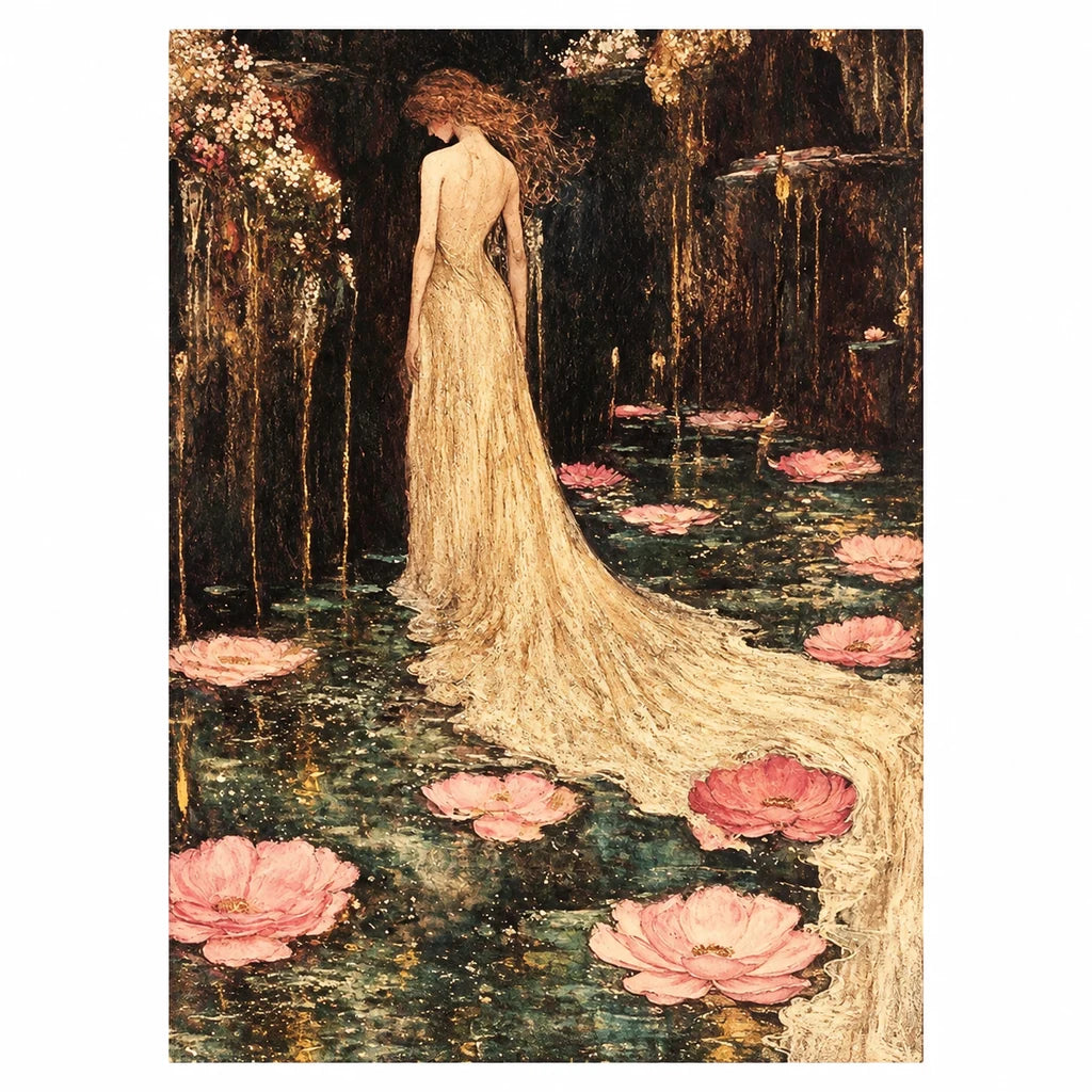 Original artwork showing a woman in a flowing gown beside pink lotus flowers.