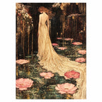 Original artwork showing a woman in a flowing gown beside pink lotus flowers.