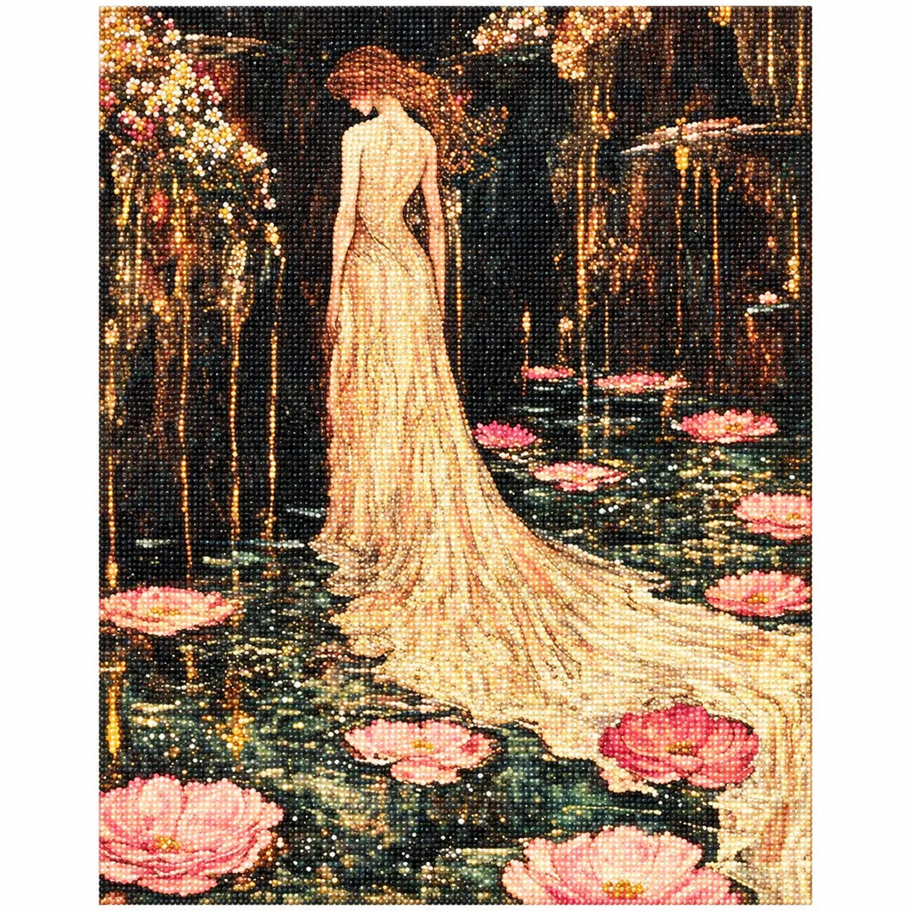 Finished diamond painting showing a woman in a flowing gown beside pink lotus flowers.