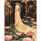 Finished diamond painting showing a woman in a flowing gown beside pink lotus flowers.