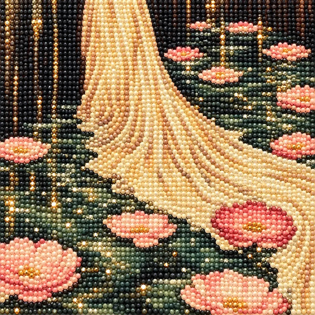 Close-up of diamond drills on artwork of a woman in a flowing gown beside pink lotus flowers.