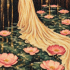 Close-up of diamond drills on artwork of a woman in a flowing gown beside pink lotus flowers.