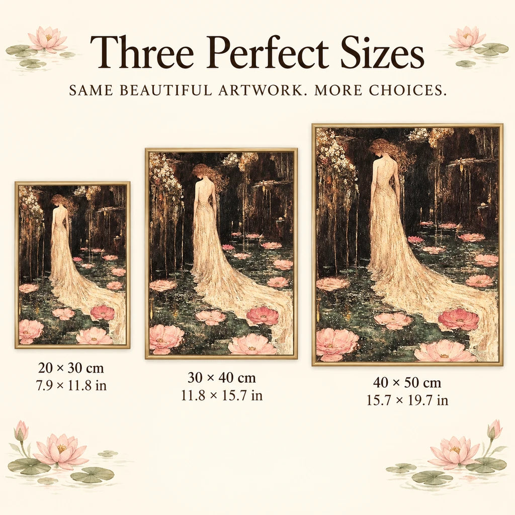 Size guide for Serene Lotus Gown Diamond Painting Kit: 20 × 30 cm, 30 × 40 cm, and 40 × 50 cm.