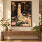 Framed home decor scene featuring a diamond painting of a woman in a flowing gown beside pink lotus flowers displayed on a wall.