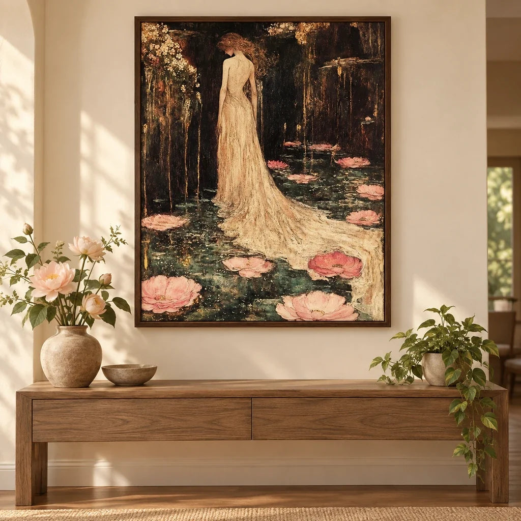 Framed home decor scene featuring a diamond painting of a woman in a flowing gown beside pink lotus flowers displayed on a wall.