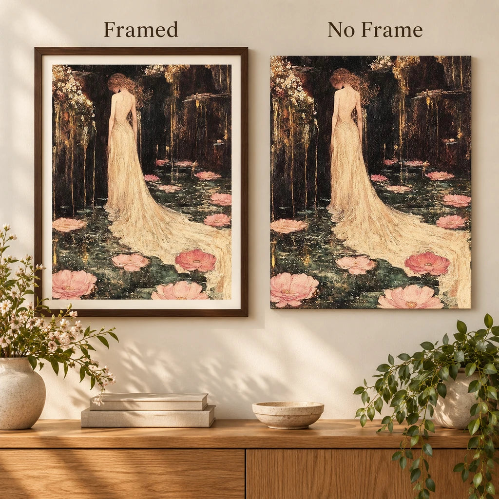 Framed and no-frame comparison for Serene Lotus Gown Diamond Painting Kit.