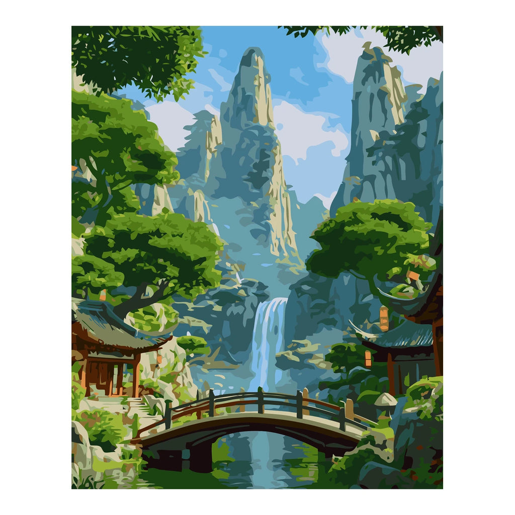 Original landscape artwork for Serene Mountain Cascade Diamond Painting Kit
