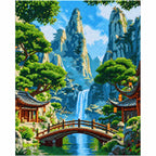 Finished diamond painting of Serene Mountain Cascade with sparkling drills