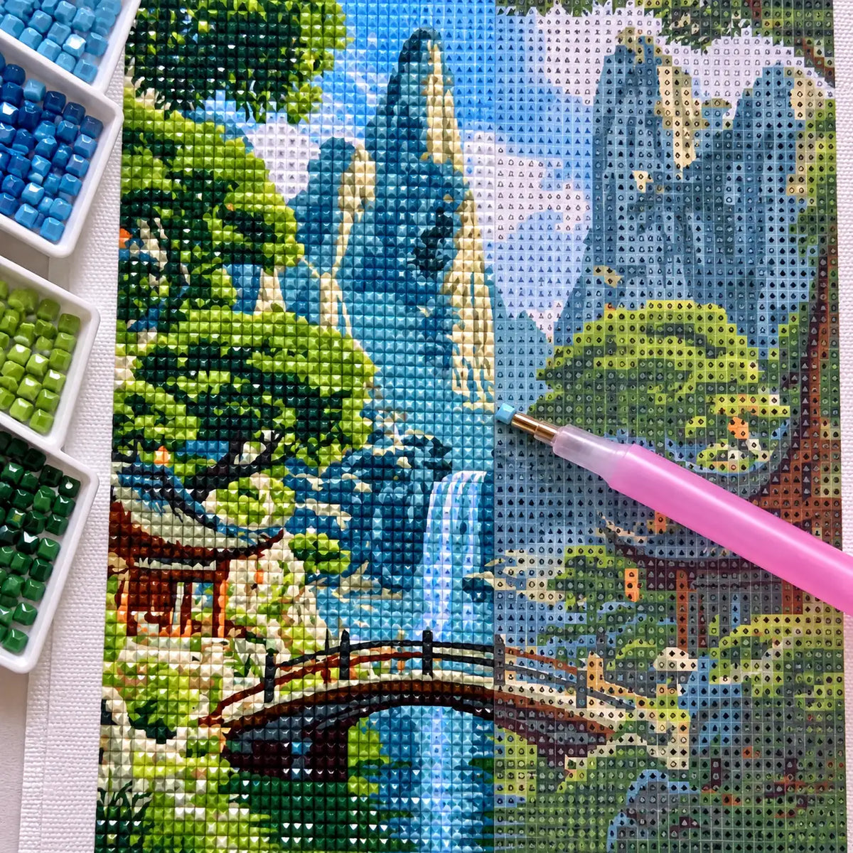 Diamond painting process for Serene Mountain Cascade