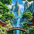 Close-up drill detail of the Serene Mountain Cascade diamond painting