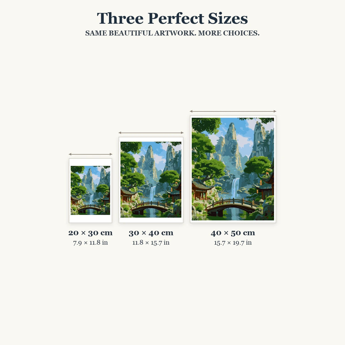 20 × 30, 30 × 40 and 40 × 50 cm size guide for Serene Mountain Cascade