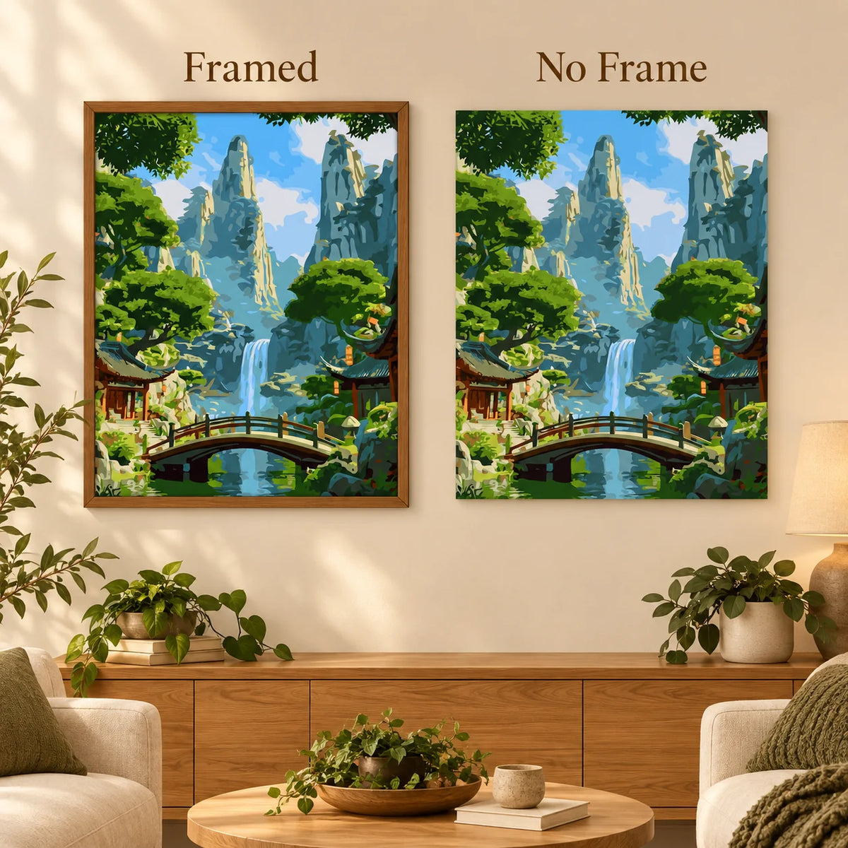 Serene Mountain Cascade diamond painting shown framed and unframed