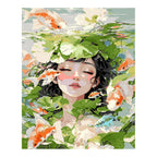 Original artwork for Serene Pond Reflection Diamond Painting Kit, showing a woman surrounded by koi, water lilies and green pond reflections.