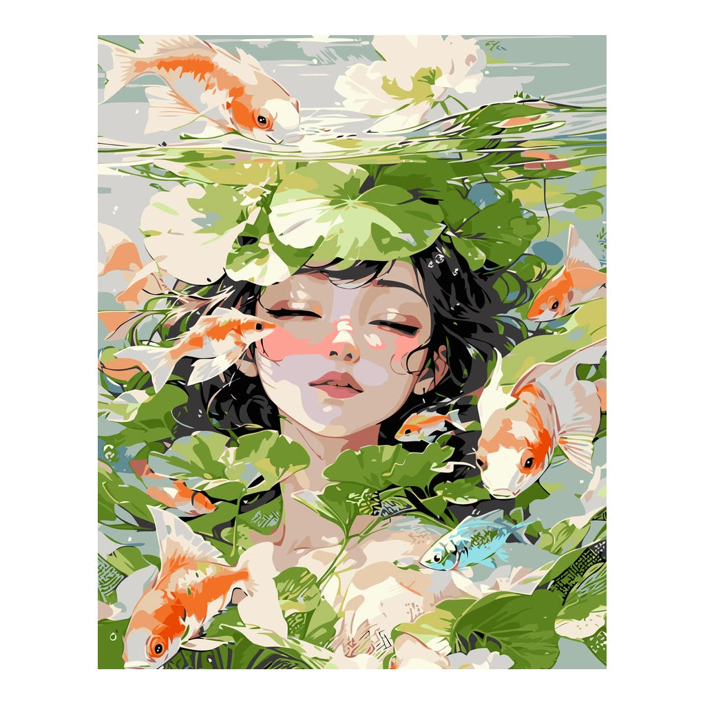 Original artwork for Serene Pond Reflection Diamond Painting Kit, showing a woman surrounded by koi, water lilies and green pond reflections.
