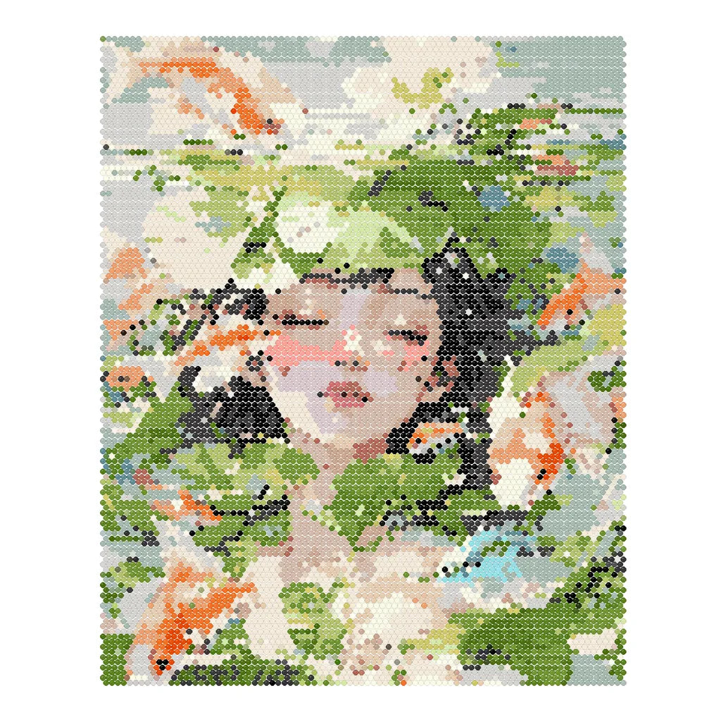 Finished diamond painting of a woman surrounded by koi, water lilies and green pond reflections.