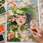 Diamond painting process for Serene Pond Reflection, showing drills being placed over a woman surrounded by koi, water lilies and green pond reflections.