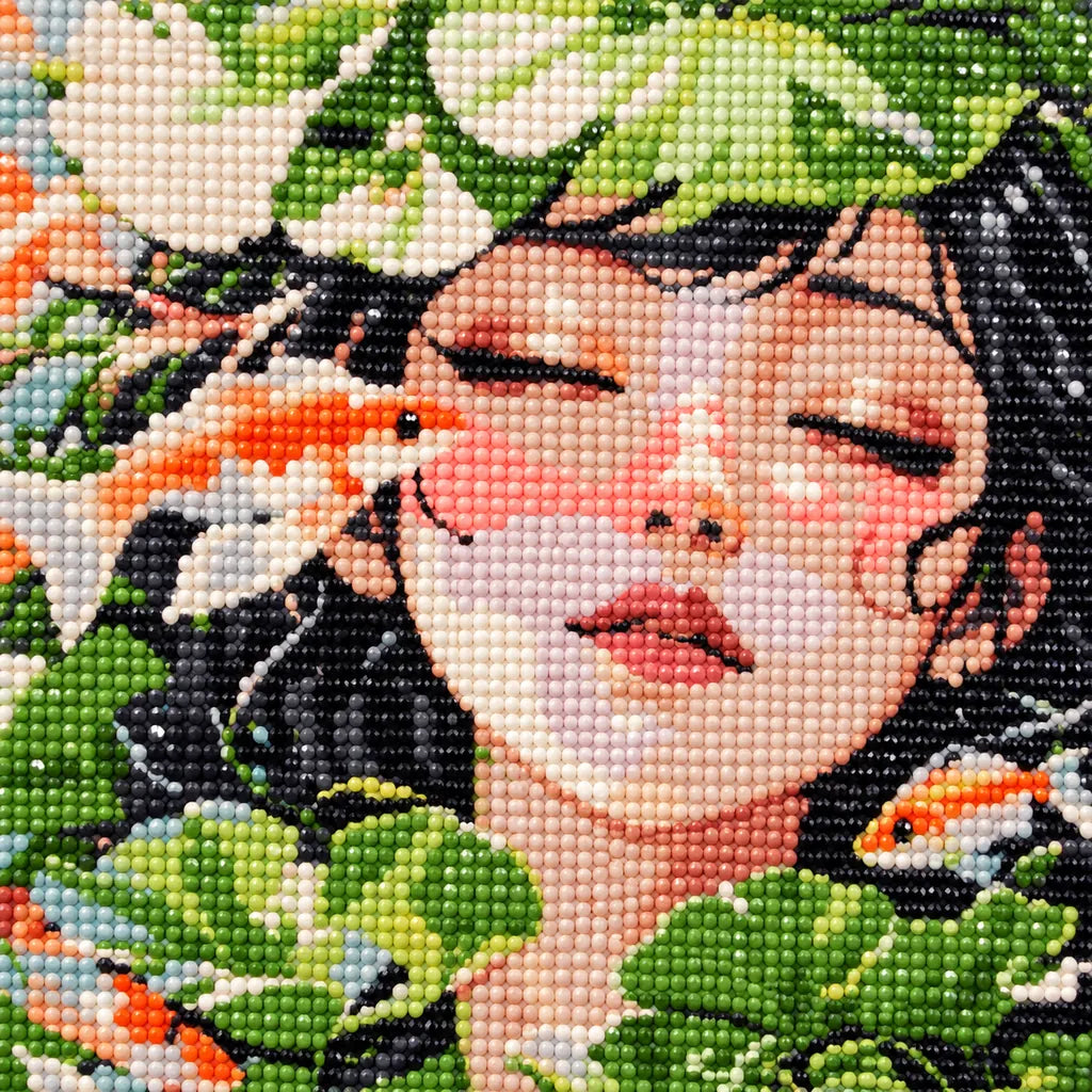 Close-up of drill texture and color in a woman surrounded by koi, water lilies and green pond reflections.