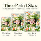 Size guide for Serene Pond Reflection: 20 × 30 cm, 30 × 40 cm, and 40 × 50 cm.