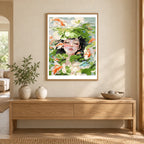 Home decor scene showing Serene Pond Reflection artwork displayed on a wall.