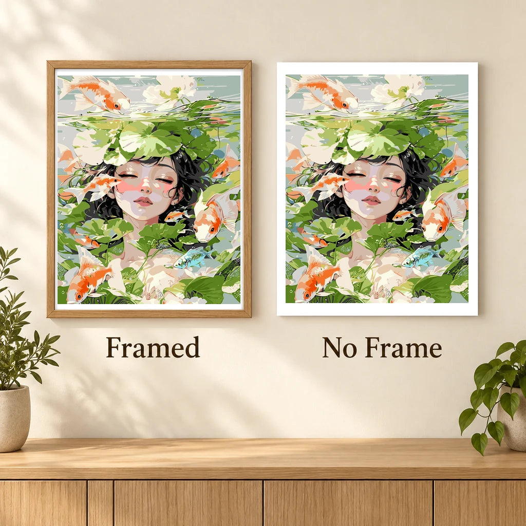 Framed and no-frame comparison for Serene Pond Reflection artwork.