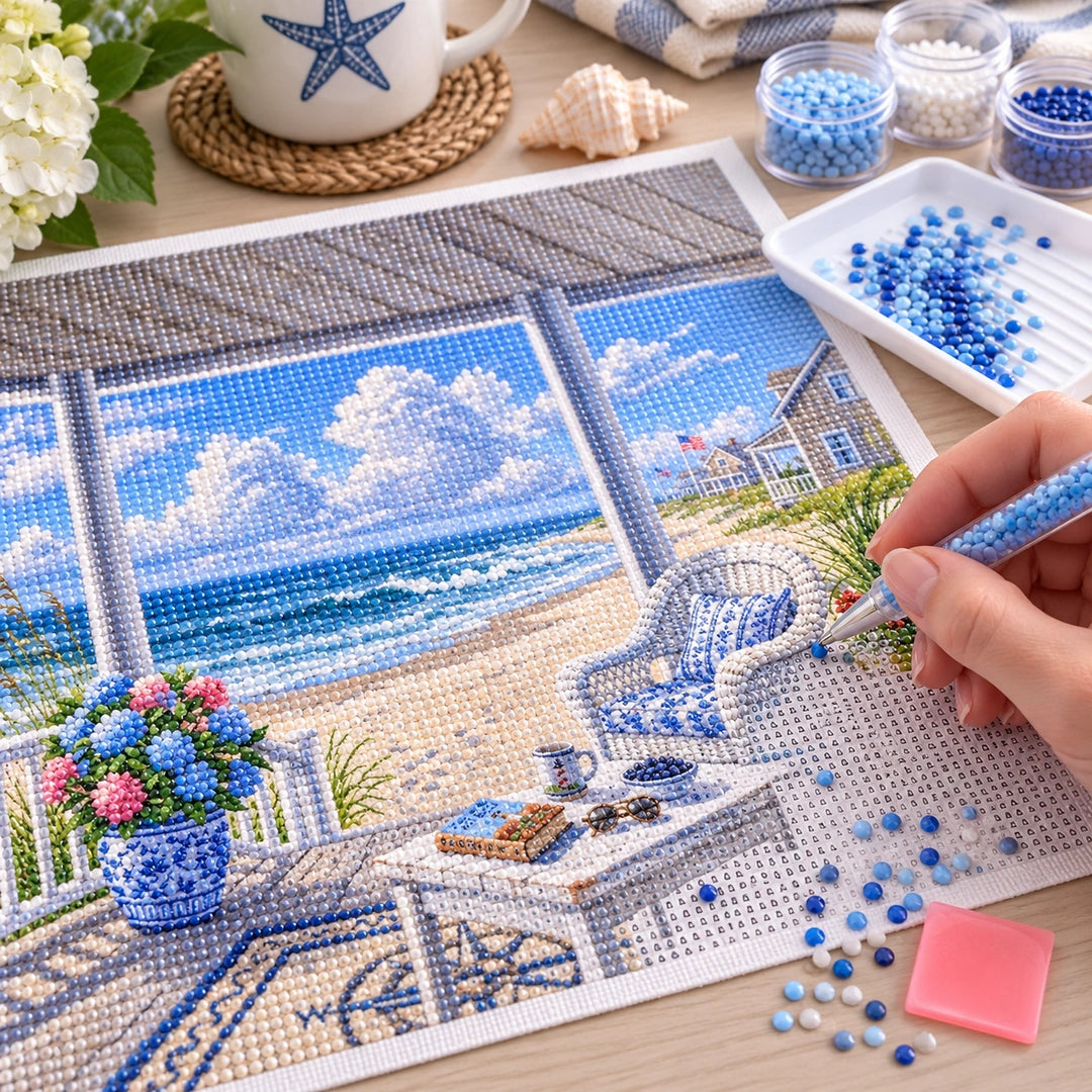 Coastal beach porch landscape diamond painting process