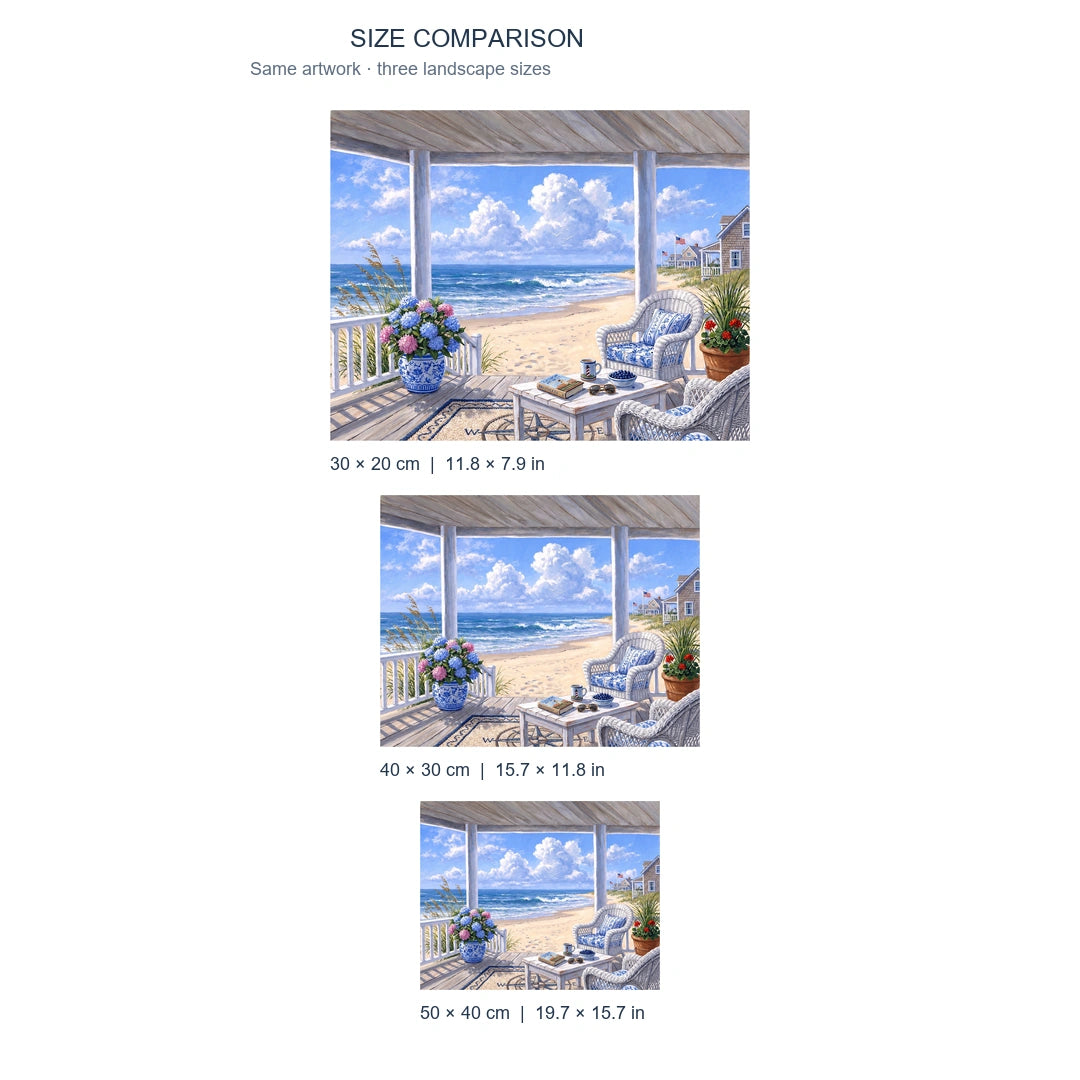 Coastal beach porch landscape diamond painting size comparison 30x20 40x30 50x40 cm