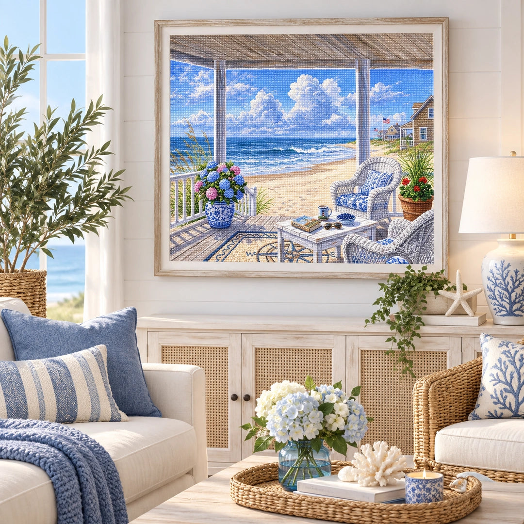 Coastal beach porch landscape diamond painting home decor scene