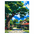 Original artwork for Shade Of The Old Oak Diamond Painting Kit, featuring a broad old oak shading a cottage lane under a blue sky.