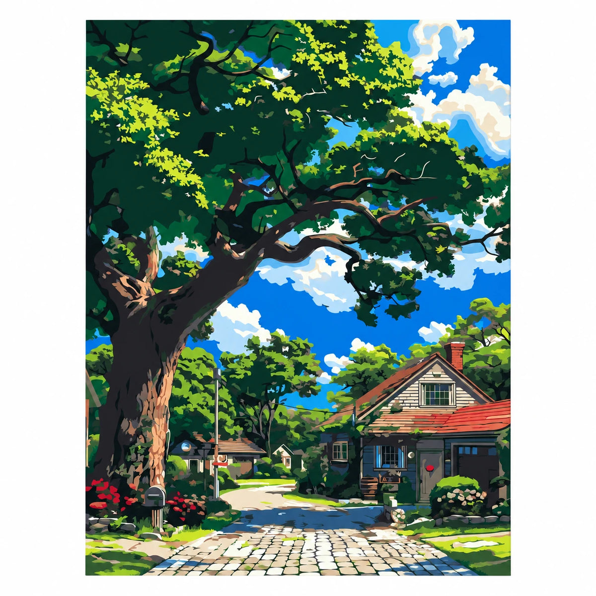 Original artwork for Shade Of The Old Oak Diamond Painting Kit, featuring a broad old oak shading a cottage lane under a blue sky.