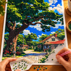 Making the Shade Of The Old Oak diamond painting, with hands placing drills over a broad old oak shading a cottage lane under a blue sky.