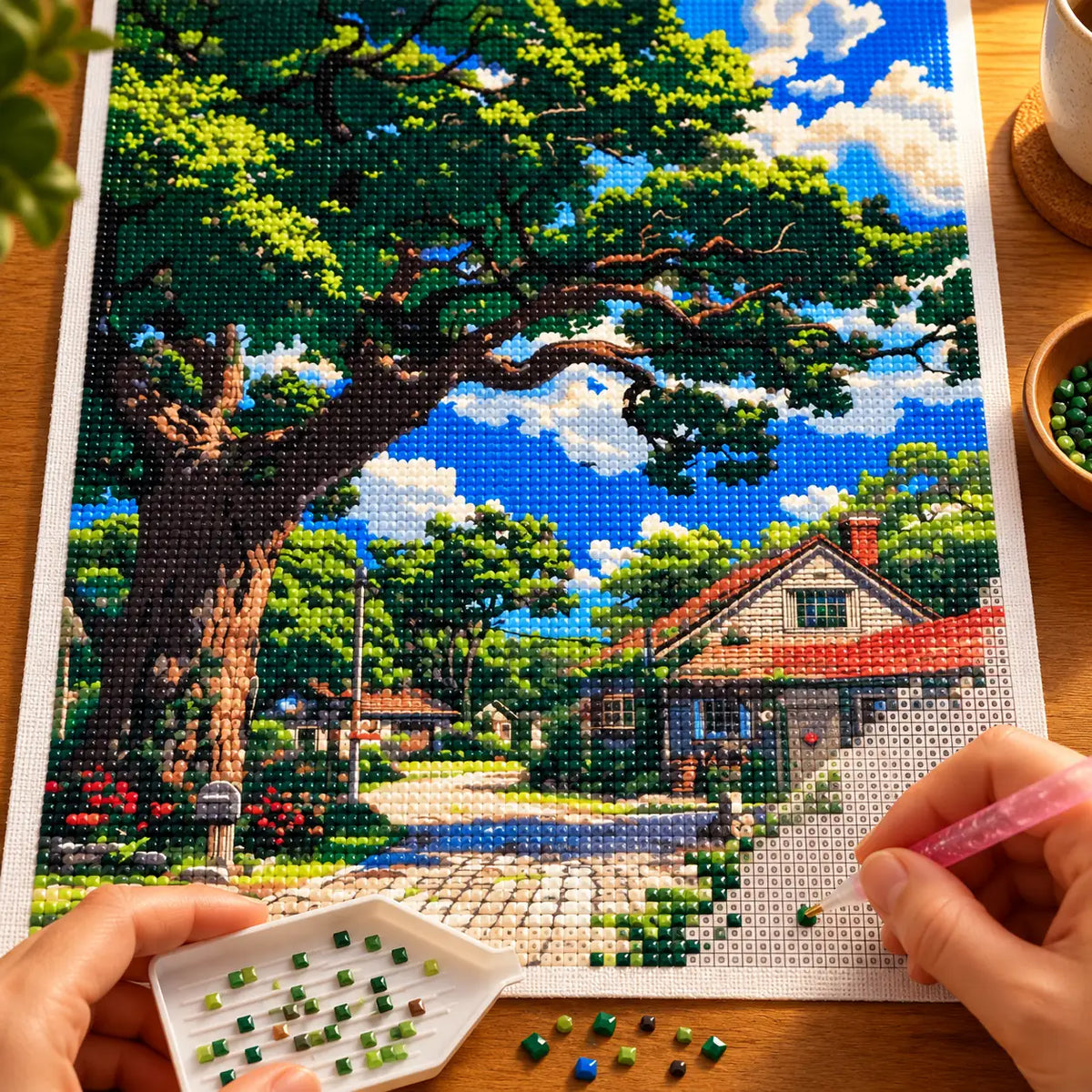Making the Shade Of The Old Oak diamond painting, with hands placing drills over a broad old oak shading a cottage lane under a blue sky.