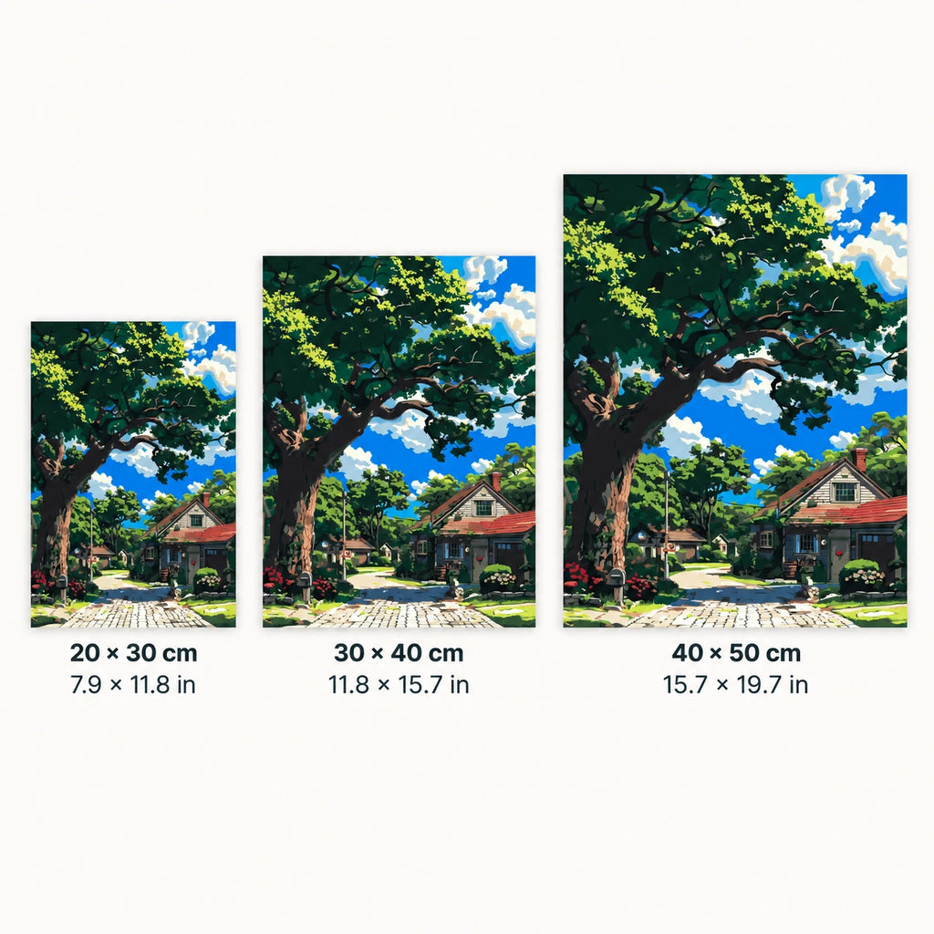 Size guide for Shade Of The Old Oak Diamond Painting Kit with 20 × 30 cm, 30 × 40 cm and 40 × 50 cm options.