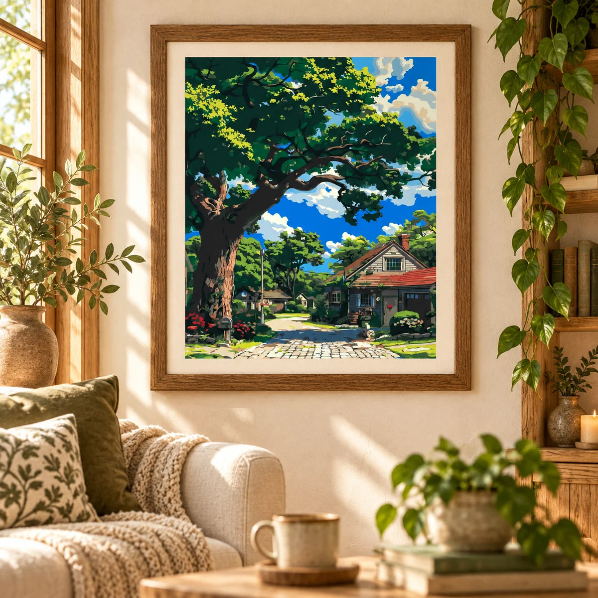 Home decor scene with the Shade Of The Old Oak diamond painting featuring a broad old oak shading a cottage lane under a blue sky.