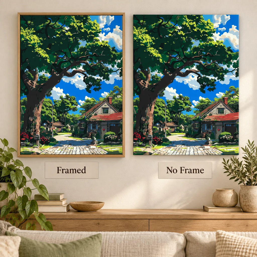 Framed and no-frame comparison for the Shade Of The Old Oak diamond painting, featuring a broad old oak shading a cottage lane under a blue sky.