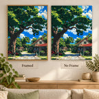 Framed and no-frame comparison for the Shade Of The Old Oak diamond painting, featuring a broad old oak shading a cottage lane under a blue sky.