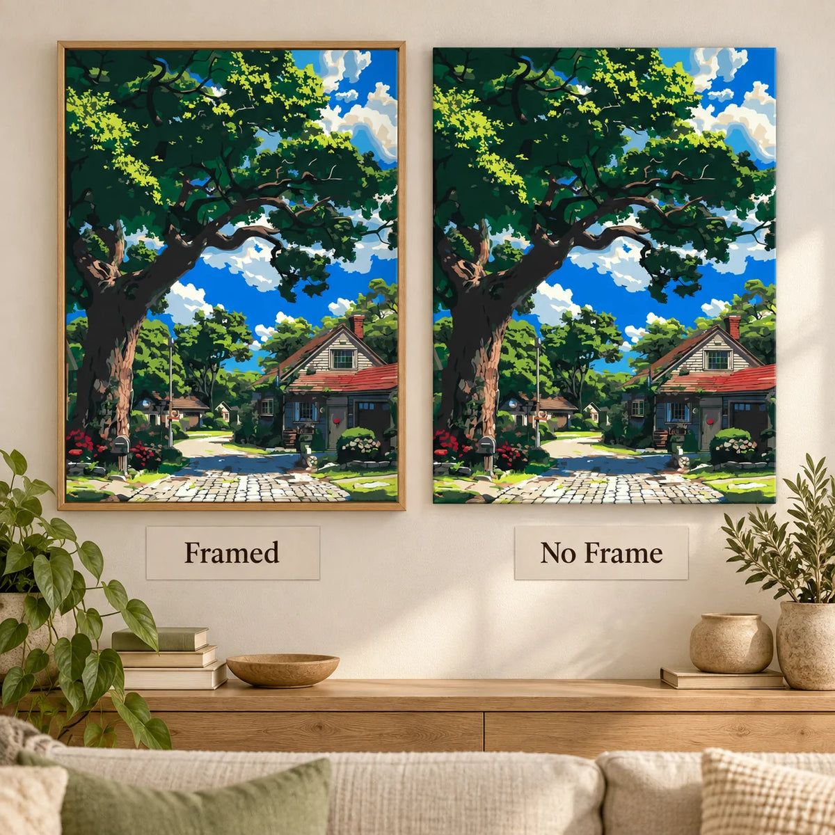 Framed and no-frame comparison for the Shade Of The Old Oak diamond painting, featuring a broad old oak shading a cottage lane under a blue sky.