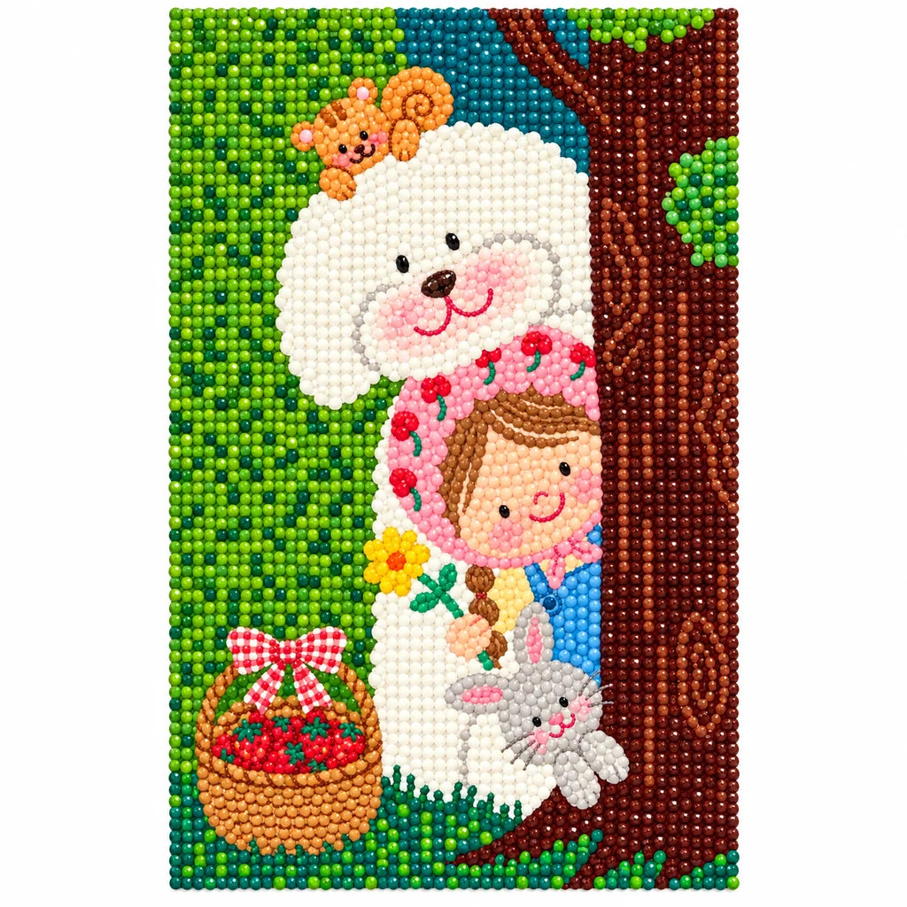 White-background finished diamond painting of a sheep-hood child and white rabbit in a woodland