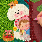 Diamond painting process showing a child and rabbits being completed with a stylus