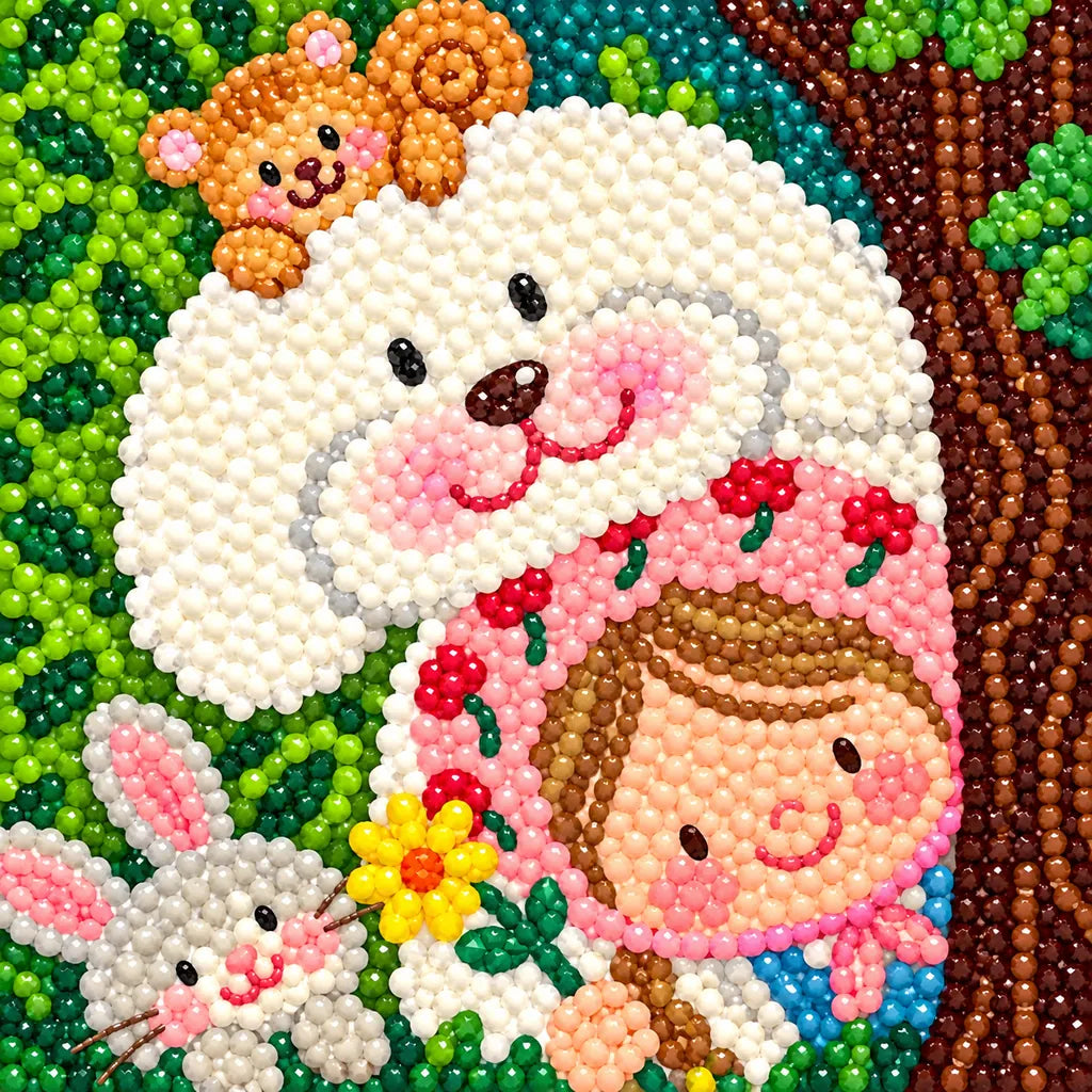 Close-up diamond drill detail of the white rabbit and sheep-hood child
