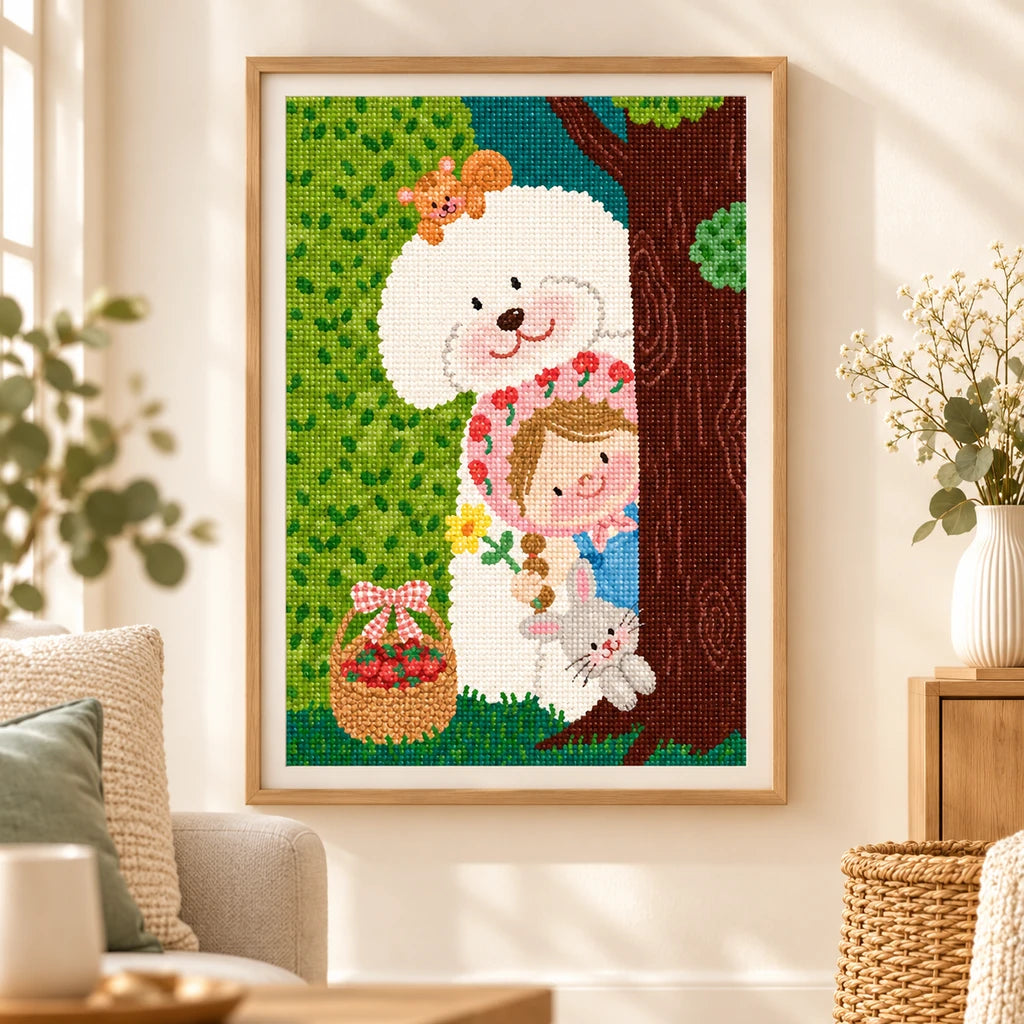 Framed sheep-hood girl and rabbits diamond painting displayed as home decor