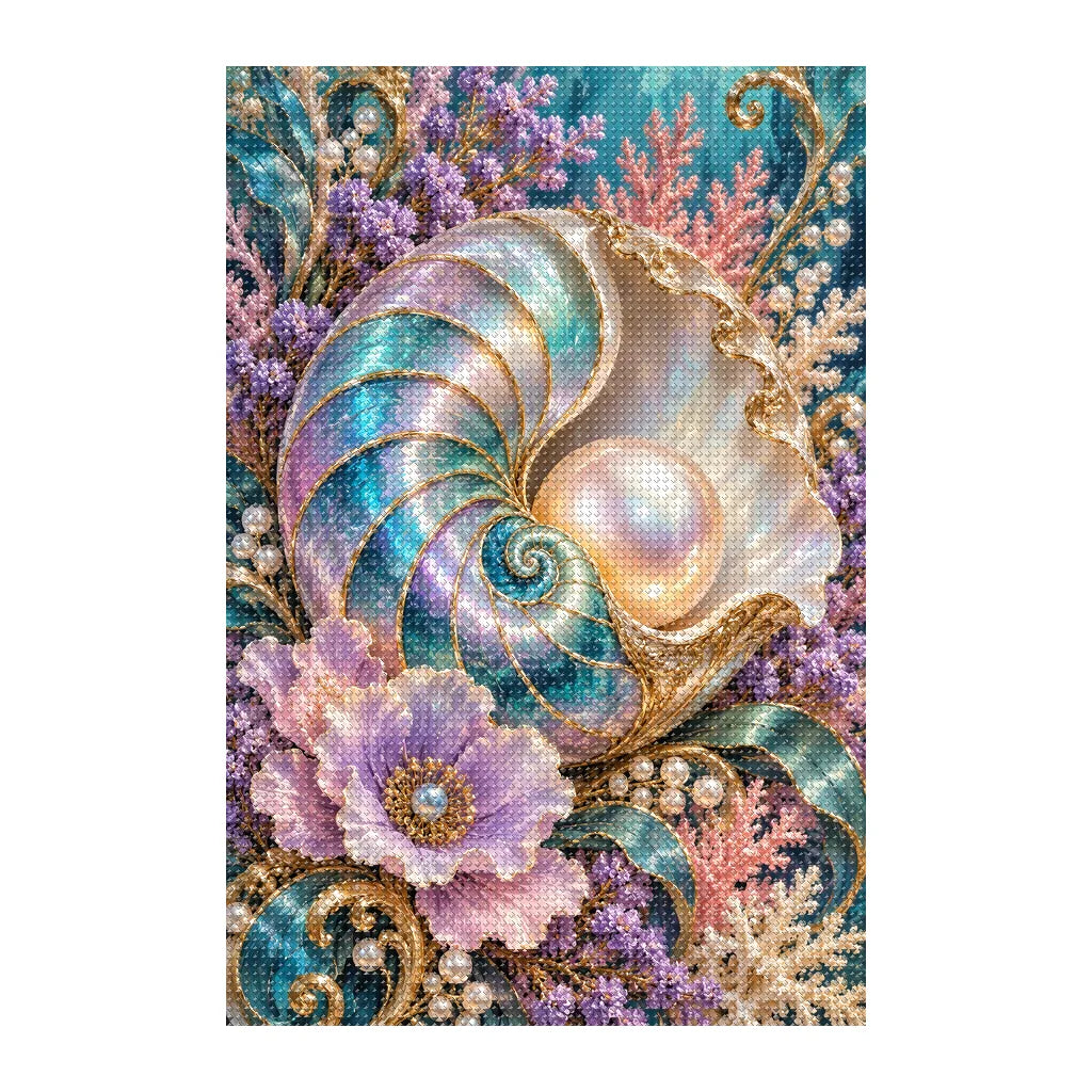 Finished white-background diamond painting of Shell Cameo and Pearls