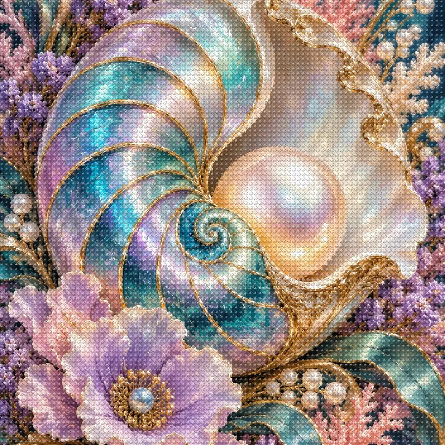 Close-up of sparkling drills on the Shell Cameo and Pearls design