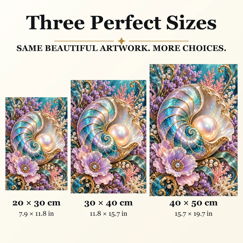Shell Cameo and Pearls diamond painting in 20 by 30, 30 by 40, and 40 by 50 centimeter sizes