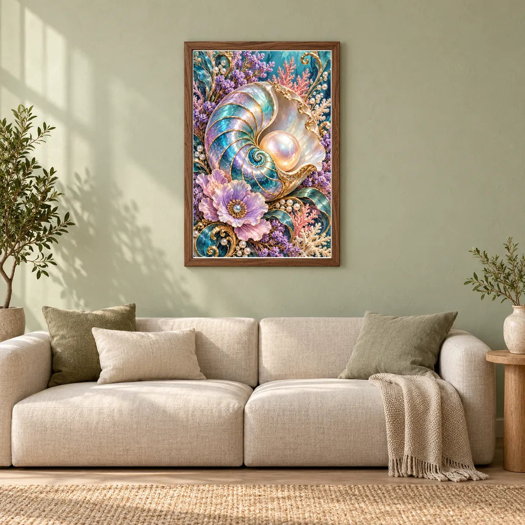 Framed Shell Cameo and Pearls diamond painting displayed in a home interior